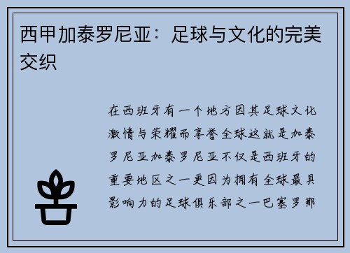 西甲加泰罗尼亚：足球与文化的完美交织