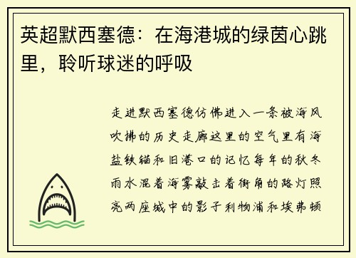 英超默西塞德：在海港城的绿茵心跳里，聆听球迷的呼吸